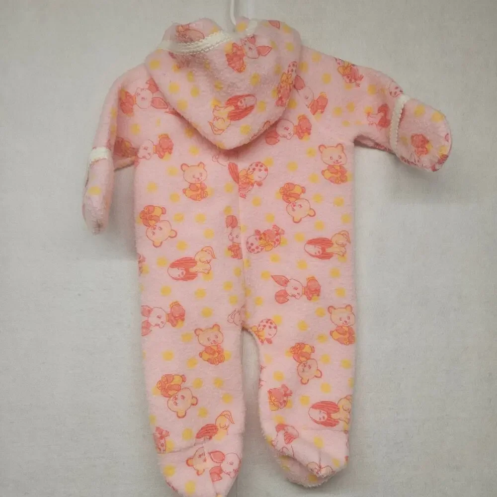 Vintage 80s Pink Footed Hooded Animal Floral Print Fleece Sleeper 0-9 Months